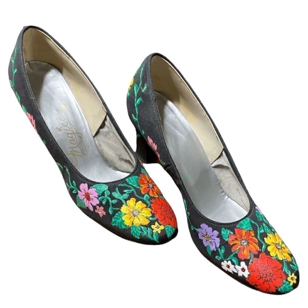 Vintage  80’s Floral Hand Painted Grosgrain fabric Black Heeled Pumps size 7 - Picture 2 of 12